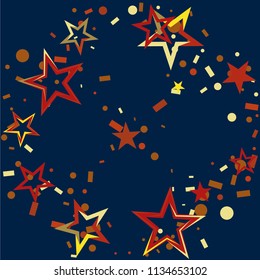 Round frame or border Christmas gold and red stars confetti falling, on a deep blue background. Magic shining flying stars and glitter dots sparkle cosmic backdrop