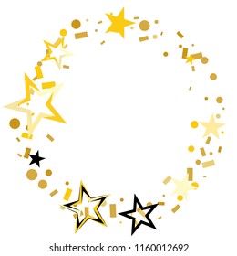 Round frame or border Christmas gold and black stars confetti falling, isolated on white. Magic shining flying stars and glitter dots sparkle cosmic backdrop