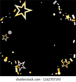 Round frame or border Christmas gold and silver stars confetti falling, isolated on black. Magic shining flying stars and glitter dots sparkle cosmic backdrop