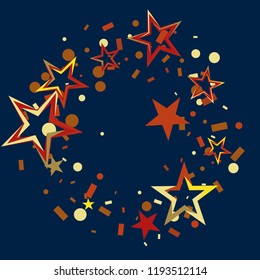 Round frame or border Christmas gold and red stars confetti falling, on a deep blue background. Magic shining flying stars and glitter dots sparkle cosmic backdrop