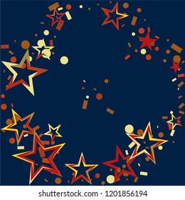 Round frame or border Christmas gold and red stars confetti falling, on a deep blue background. Magic shining flying stars and glitter dots sparkle cosmic backdrop