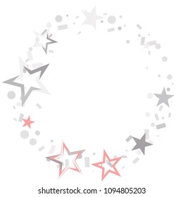 Round frame or border Christmas silver and pink stars confetti falling, isolated on white. Magic shining flying stars and glitter dots sparkle cosmic backdrop