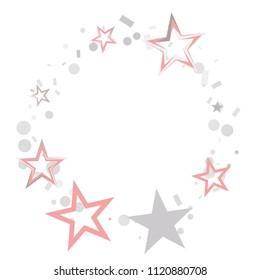 Round frame or border Christmas silver and pink stars confetti falling, isolated on white. Magic shining flying stars and glitter dots sparkle cosmic backdrop