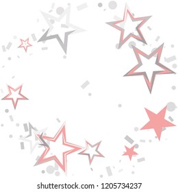 Round frame or border Christmas silver and pink stars confetti falling, isolated on white. Magic shining flying stars and glitter dots sparkle cosmic backdrop