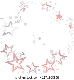 Round frame or border Christmas silver and pink stars confetti falling, isolated on white. Magic shining flying stars and glitter dots sparkle cosmic backdrop