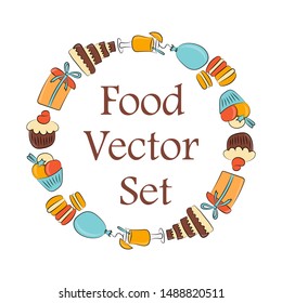 The round frame or border consisted of drinks, pastries, sweets, gifts for the holidays, isolated on a white background. Vector illustration.