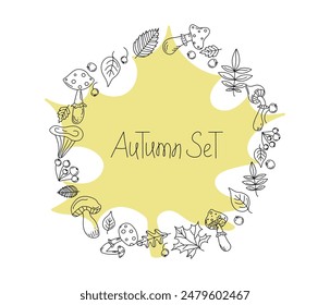 Round frame, border, floral ornament. Mushrooms and autumn leaf, Set. Hand lettering. Drawing of doodles of mushrooms, berries, leaves in black outline. Isolated background.