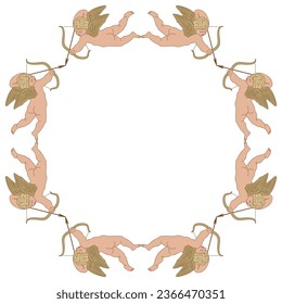 Marco redondo o borde con Cupidos o Amurs voladores con arcos y flechas. Bebé alado dios del amor Eros. Símbolo romántico. Ornamento del Día de San Valentín.