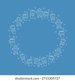 Arredondar quadro, borda. Comida e bebidas. Café em um copo descartável. Uma xícara de café com canela, marshmallows e um homem de gengibre. Neve, flocos de neve. Faixa com espaço para texto. Conjunto de ícones lineares