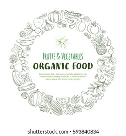 Round Frame border pattern of groceries organic farm fresh fruits and vegetables. Vector illustration frame. Outline line flat style design. White backdrop.