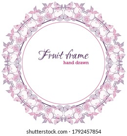 Round frame border pattern of organic fresh fruit lemon, orange. Hand drawn vector illustration isolated on white background. Template with vintage illustration. Design of poster, packaging, postcards