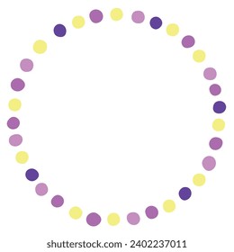 Marco redondo, borde de puntos rosados de polka amarillo púrpura, bolas, círculos aislados sobre fondo blanco en estilo plano. Elemento de diseño vectorial divertido