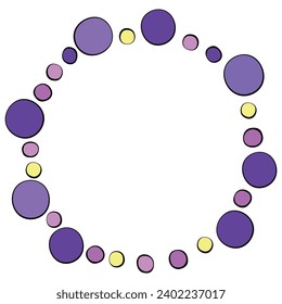 Round frame, border from purple yellow polka dots, balls, circles isolated on white background in doodle flat style. Cute funny vector design element