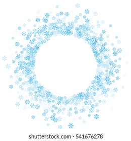 Round frame or border of scatter blue shades snowflakes on white background. Design element for festive banner, birthday, greeting card, postcard, Christmas or wedding invitation. Vector illustration.