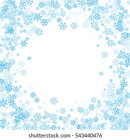 Round frame or border of scatter blue shades snowflakes on white background. Design element for festive banner, birthday, greeting card, postcard, Christmas or wedding invitation. Vector illustration.