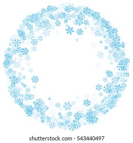 Round frame or border of scatter blue shades snowflakes on white background. Design element for festive banner, birthday, greeting card, postcard, Christmas or wedding invitation. Vector illustration.