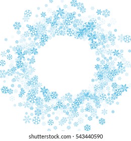 Round frame or border of scatter blue shades snowflakes on white background. Design element for festive banner, birthday, greeting card, postcard, Christmas or wedding invitation. Vector illustration.