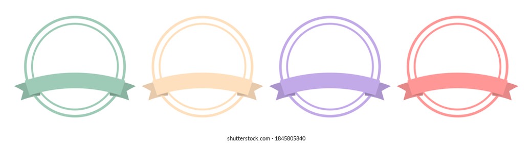 Round frame border set with colorful ribbons. Transparent frame with ribbon badge on white background. Isolated collection of vintage emblem with curved ribbon. Vector EPS 10