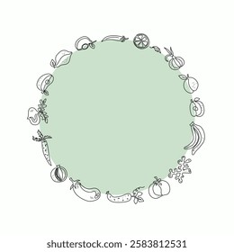 Round frame, border with a set of vegetables, fruits. World Food Day. Line drawing. Food vegetarian organic. Outline drawings. Vector graphics. Isolated background.