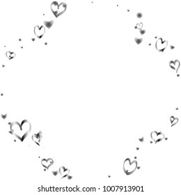 Round frame or border Valentines day background with random hand drawn falling silver hearts isolated on white.