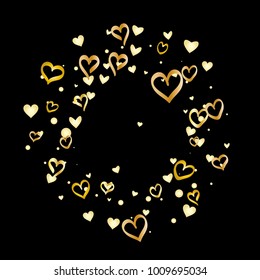 Round frame or border Valentines day background with random hand drawn falling golden hearts isolated on black.