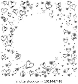 Round frame or border Valentines day background with random hand drawn falling silver hearts isolated on white.