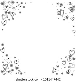 Round frame or border Valentines day background with random hand drawn falling silver hearts isolated on white.