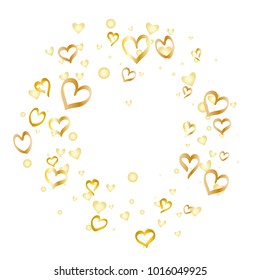 Round frame or border Valentines day background with random hand drawn falling golden hearts isolated on white.