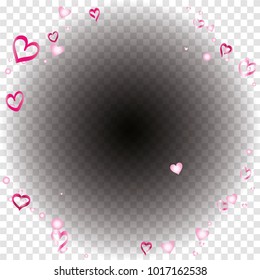 Round frame or border Valentines day background with random hand drawn falling pink hearts on transparent background.