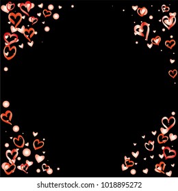 Round frame or border Valentines day background with random hand drawn falling red hearts isolated on black.