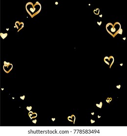 Round frame or border Valentines day background with random hand drawn falling golden hearts isolated on black.