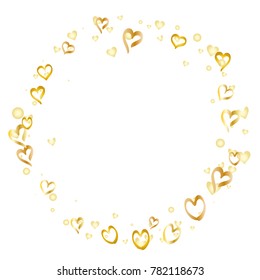 Round frame or border Valentines day background with random hand drawn falling golden hearts isolated on white.