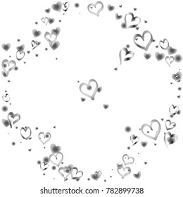 Round frame or border Valentines day background with random hand drawn falling silver hearts isolated on white.