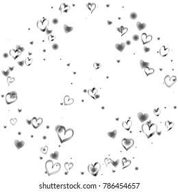 Round frame or border Valentines day background with random hand drawn falling silver hearts isolated on white.