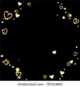Round frame or border Valentines day background with random hand drawn falling golden hearts isolated on black.