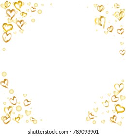 Round frame or border Valentines day background with random hand drawn falling golden hearts isolated on white.