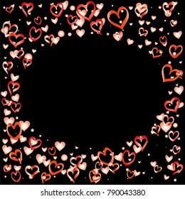 Round frame or border Valentines day background with random hand drawn falling red hearts isolated on black.