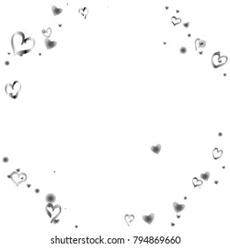 Round frame or border Valentines day background with random hand drawn falling silver hearts isolated on white.