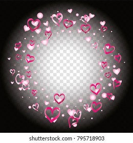 Round frame or border Valentines day background with random hand drawn falling pink hearts on transparent background.