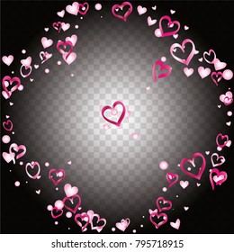 Round frame or border Valentines day background with random hand drawn falling pink hearts on transparent background.