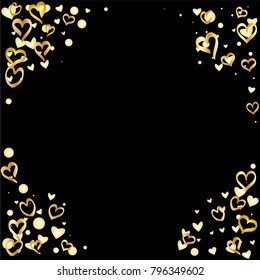 Round frame or border Valentines day background with random hand drawn falling golden hearts isolated on black.