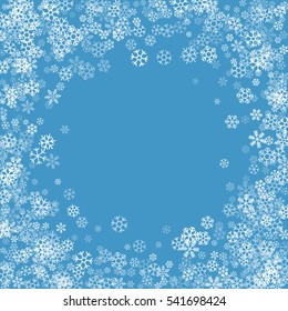 Round frame or border of white transparent snowflakes on blue background. Design element for festive banner, birthday, greeting card, postcard, Christmas or wedding invitation. Vector illustration.