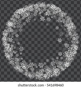 Round frame or border of white transparent snowflakes on translucent background. Design for festive banner, birthday, greeting card, postcard, Christmas or wedding invitation. Vector illustration.