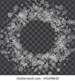 Round frame or border of white transparent snowflakes on translucent background. Design for festive banner, birthday, greeting card, postcard, Christmas or wedding invitation. Vector illustration.