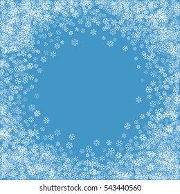 Round frame or border of white transparent snowflakes on blue background. Design element for festive banner, birthday, greeting card, postcard, Christmas or wedding invitation. Vector illustration.