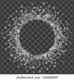Round frame or border of white transparent snowflakes on translucent background. Design for festive banner, birthday, greeting card, postcard, Christmas or wedding invitation. Vector illustration.