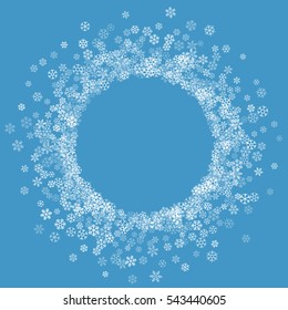Round frame or border of white transparent snowflakes on blue background. Design element for festive banner, birthday, greeting card, postcard, Christmas or wedding invitation. Vector illustration.