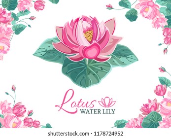 Round frame of Botanical motifs with pink Lotus flowers isolated on white background.Vector greeting card or wedding invitation