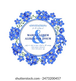 Round frame, botanical postcard Detailed hand-drawn template for your design, postcards, advertising, social media posts.  Forget-me-not flowers. Realistic, hand-drawn, detailed flora