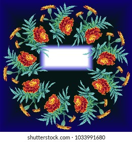 round frame from a bouquet of marigold,, calendula orange with leaves and buds, on a dark black and blue background with a place for an inscription invitation, isolated, brush